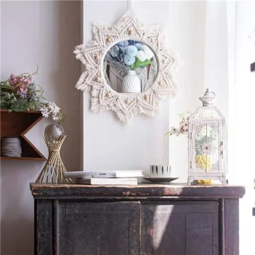 Boho Wall Decor Mirror Macrame Circle Hanging Mirror for Bedroom Living Room